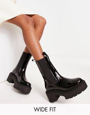 Black Patent Leather Chunky Heeled Boots