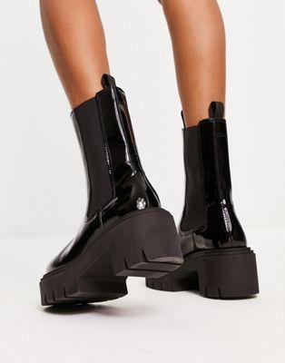Black Patent Leather Chunky Heeled Boots