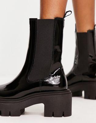 Black Patent Leather Chunky Heeled Boots