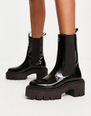 Black Patent Leather Chunky Heeled Boots