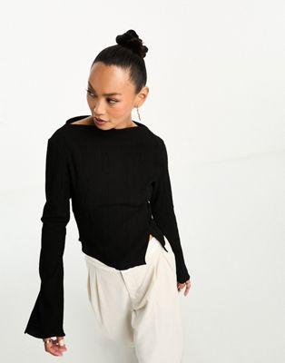 Black Plisse Top with Split Detail