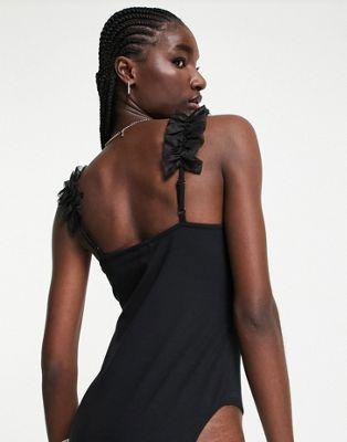 Black Polyester Blend Bodysuit with Organza Ruffle Trim