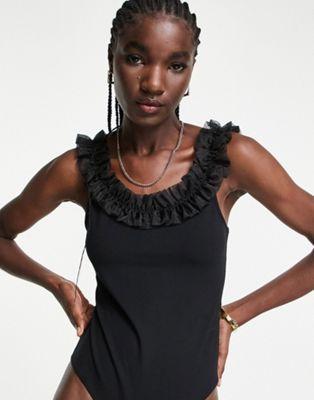 Black Polyester Blend Bodysuit with Organza Ruffle Trim
