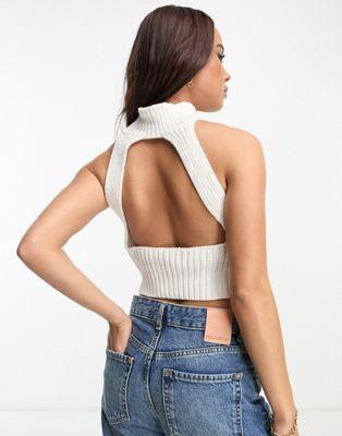 Pacsun High Neck Knit Crop Top in White Sand