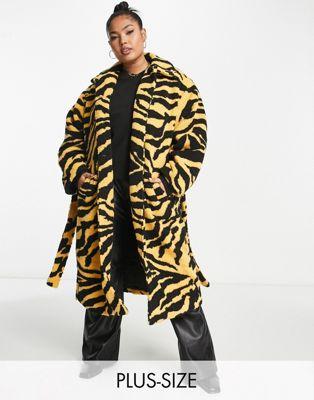 Pieces Curve Yellow Tiger Print Longline Teddy Coat