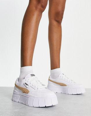 Puma Mayze Stack Leather Sneakers in White/Sand