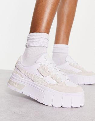 Puma Mayze Stack Leather Sneakers in White with Leopard Print