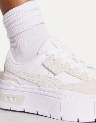 Puma Mayze Stack Leather Sneakers in White with Leopard Print