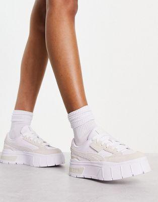 Puma Mayze Stack Leather Sneakers in White with Leopard Print