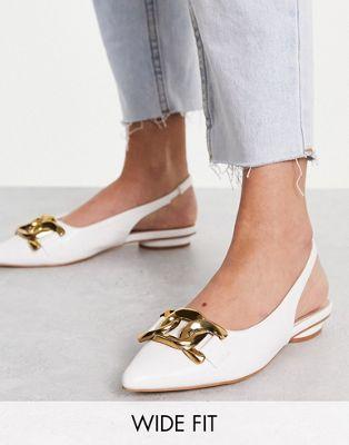 Raid Wide Fit Flat Shoes with Gold Buckle - White